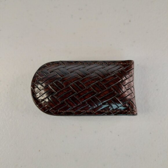 Leather Money Clip VTG Magnetic with basketweave leather Design Chocolate Brown - Picture 1 of 12